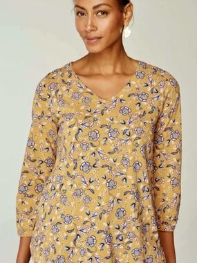 Pure Jill Printed V-Neck Top - Mustard